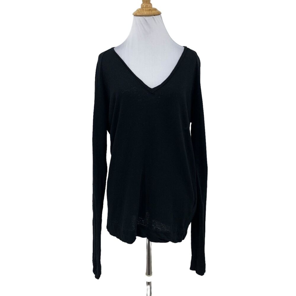 J Brand V Neck Tee Women S Small Black Long Sleeve Linen Cotton Lightweight